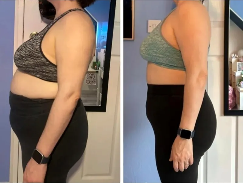 Side-profile before and after photos of a StrongHer Coaching client, before on the left and after on the right