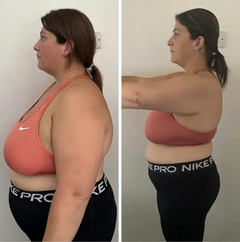 Side-profile before and after photos of a StrongHer Coaching client, before on the left and after on the right